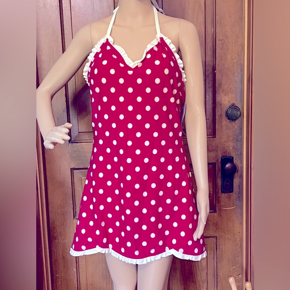 Bettie Page Polka Dot Ruffle Swimdress Red with White Polka Dots Size 16